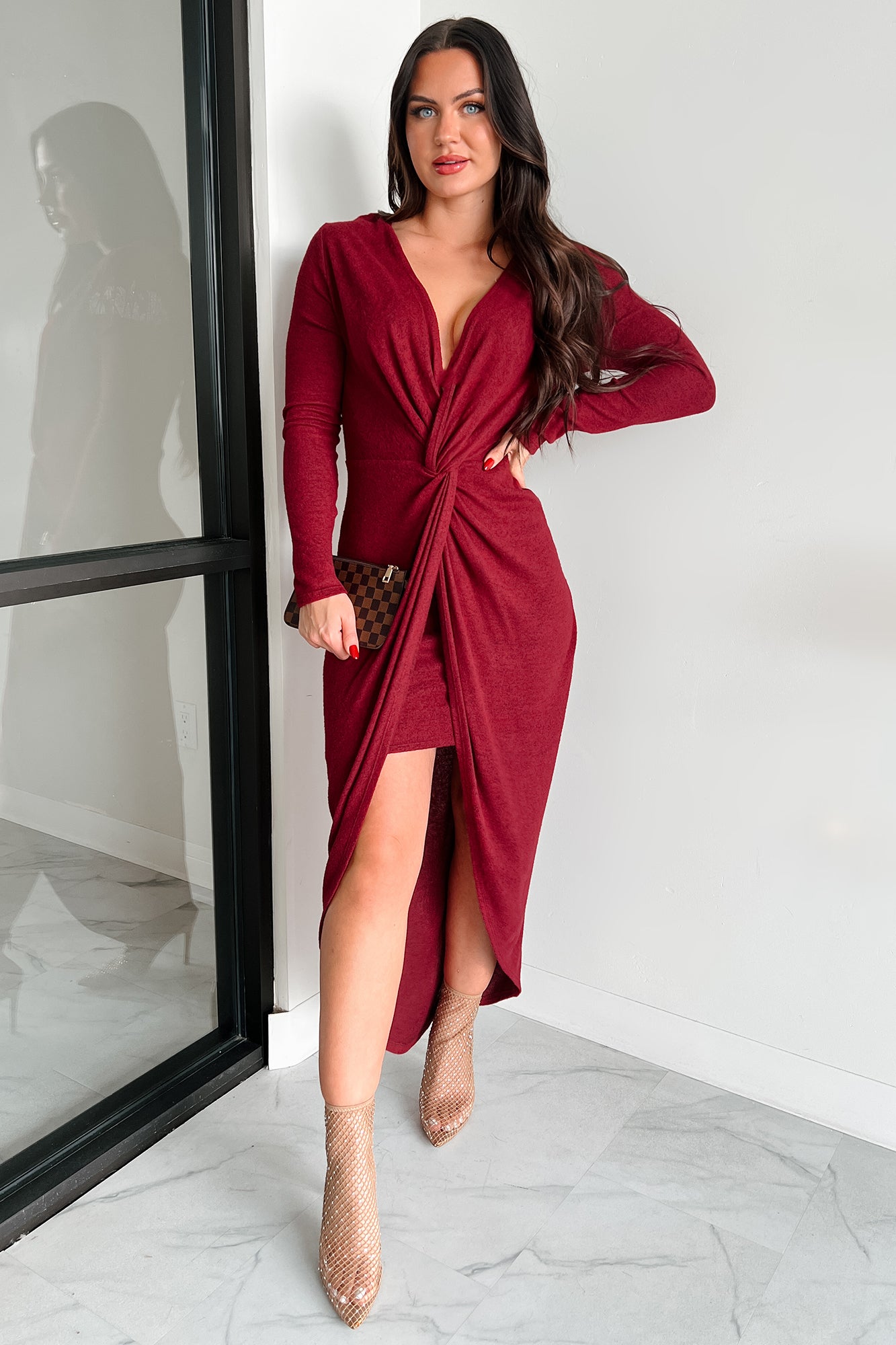 Shoot Your Shot Twist Knot High-Low Dress (Dark Marsala) - NanaMacs