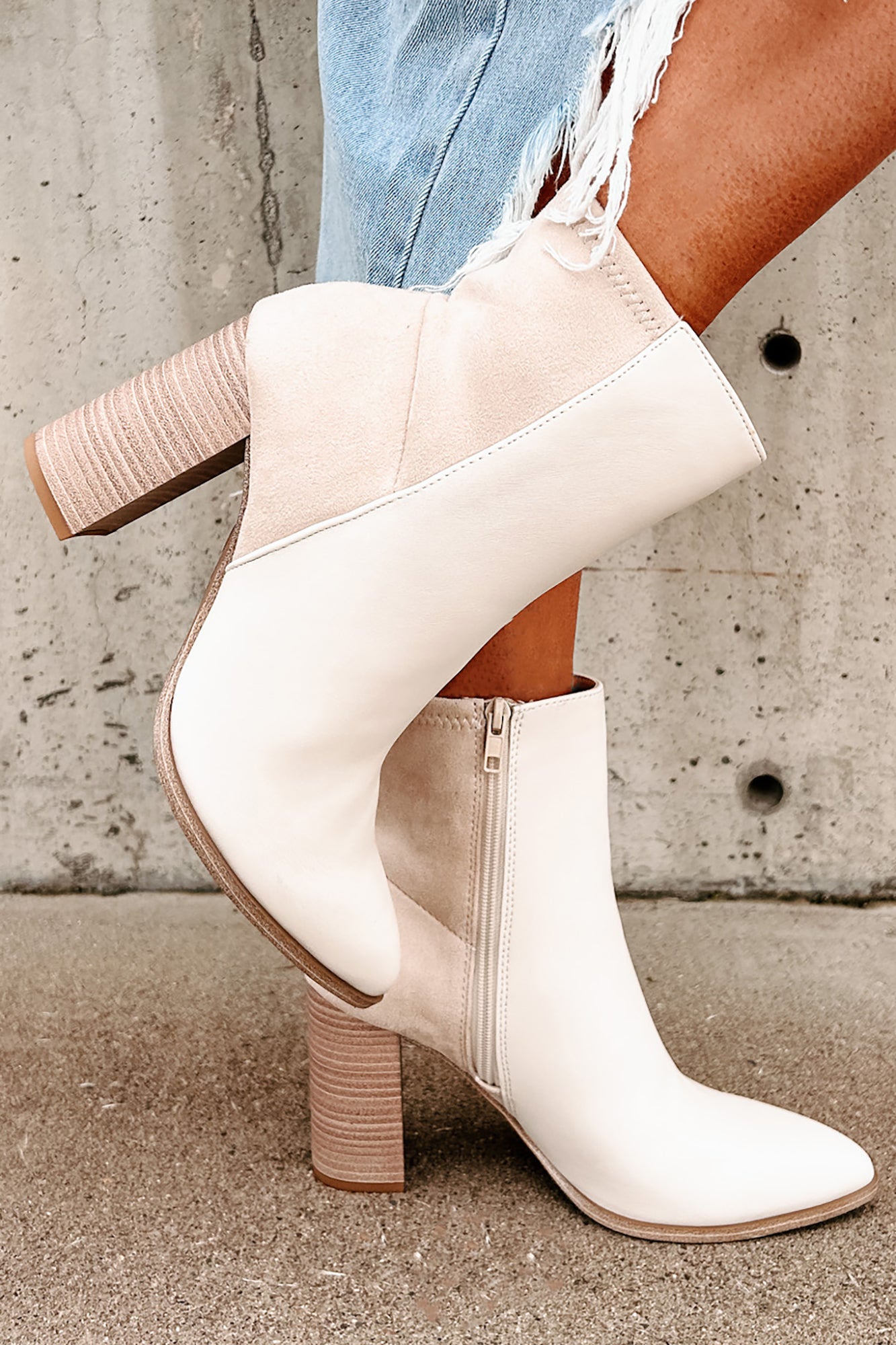 Purposeful Strides Faux Leather & Suede Pointed Toe Bootie (Bone) - NanaMacs