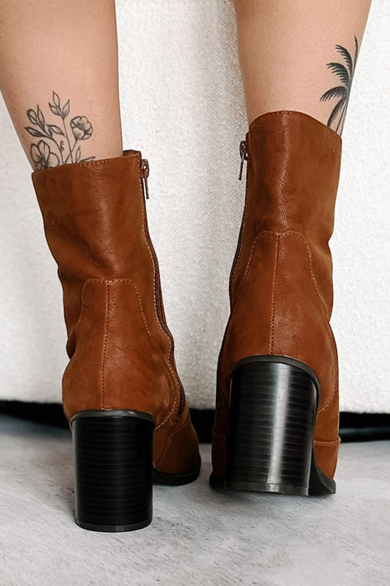 Stylish Conviction Block Heel Booties (Dark Camel) - NanaMacs