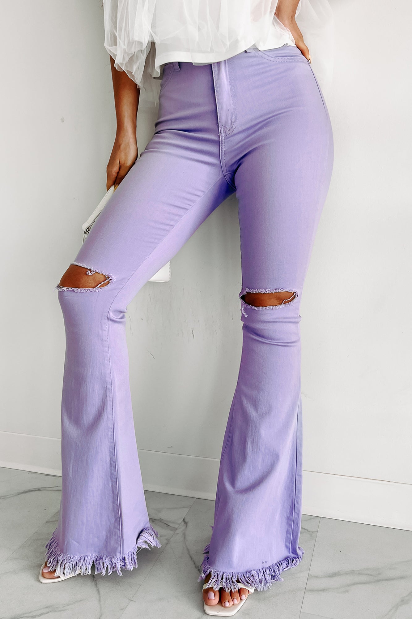 Doorbuster Bold Moves High Rise Distressed Flare Jeans (Lavender) - NanaMacs