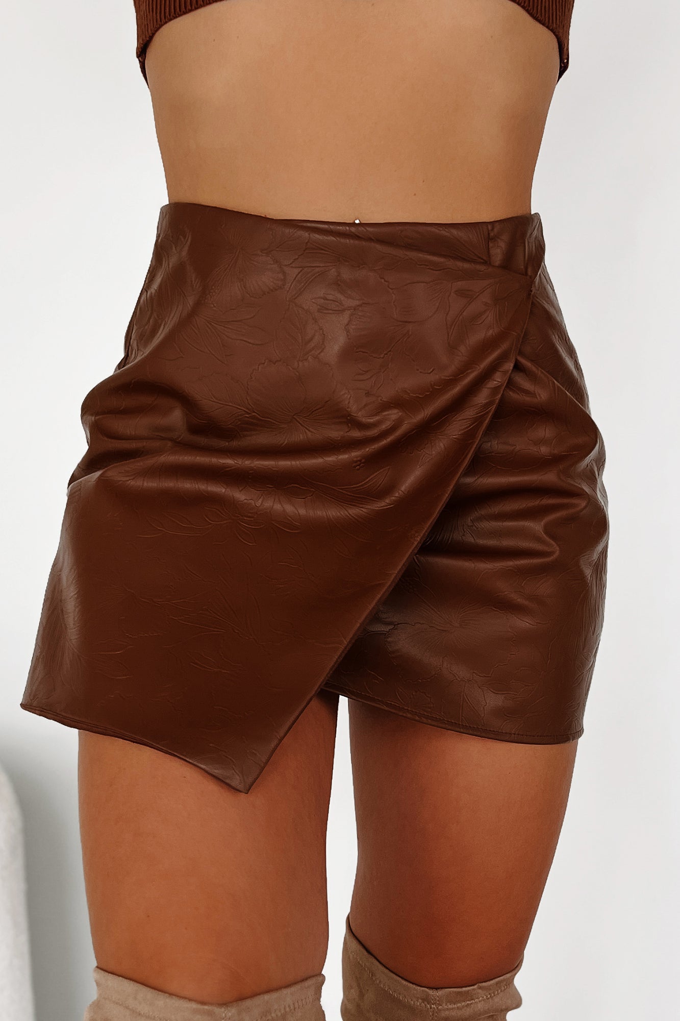 Ready For Autumn Wrap Pleather Mini Skort (Brown) - NanaMacs