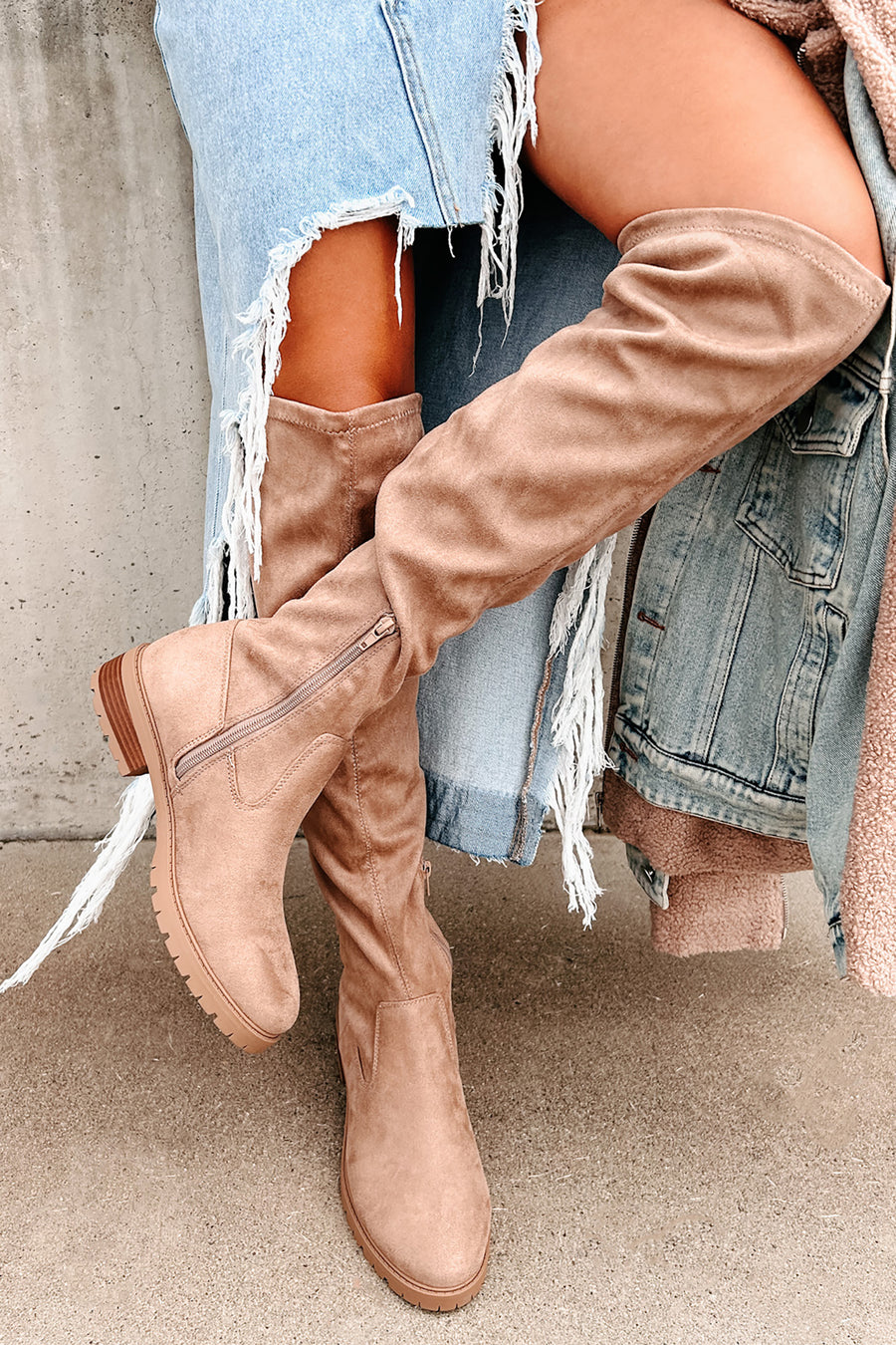 Burin Faux Suede Over The Knee Boots (Dark Beige)