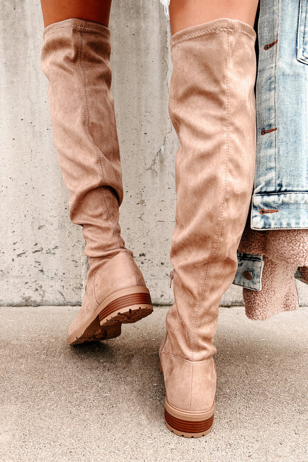 Burin Faux Suede Over The Knee Boots (Dark Beige) - NanaMacs