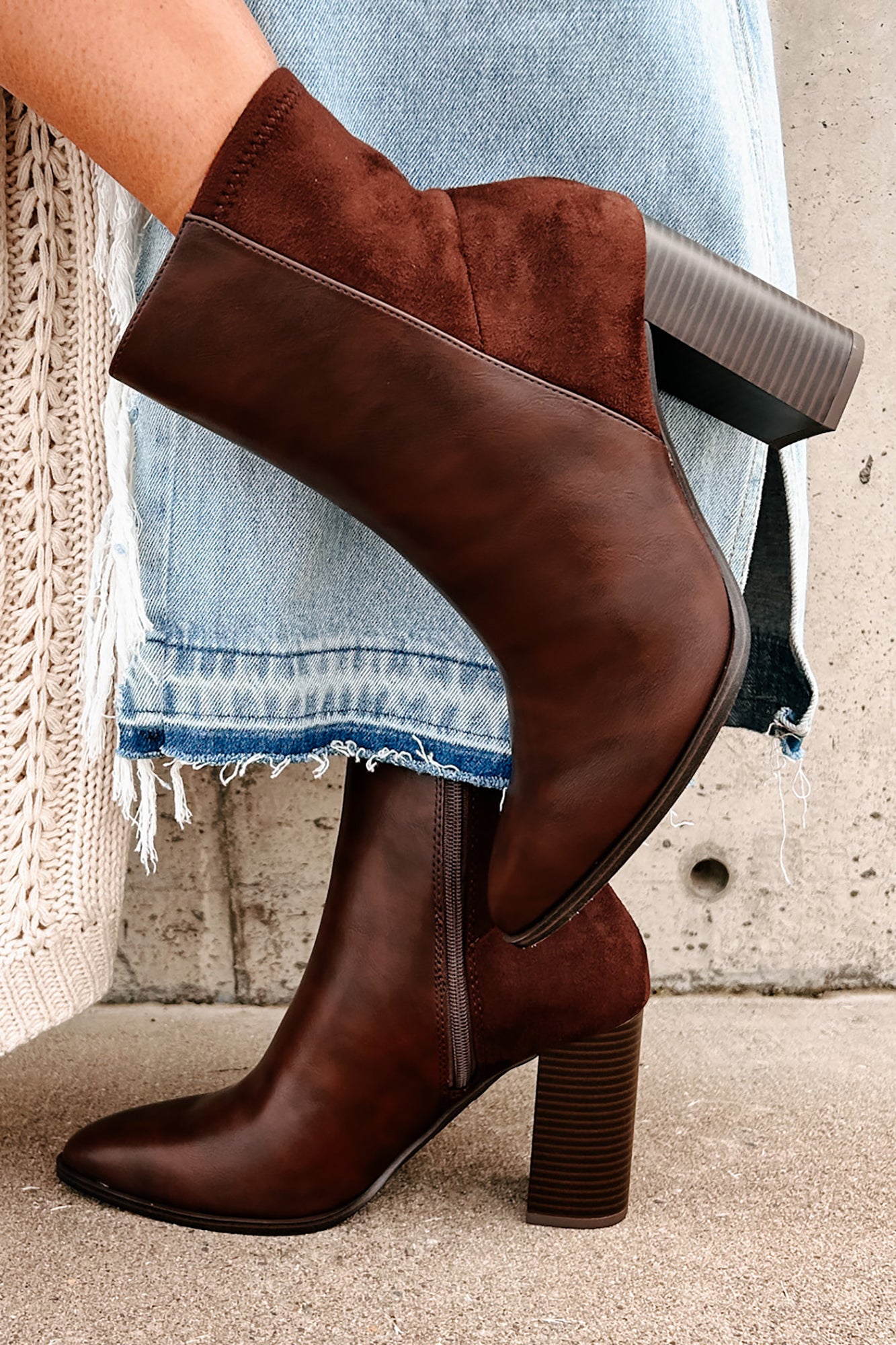 Purposeful Strides Faux Leather Suede Pointed Toe Bootie (Brown)