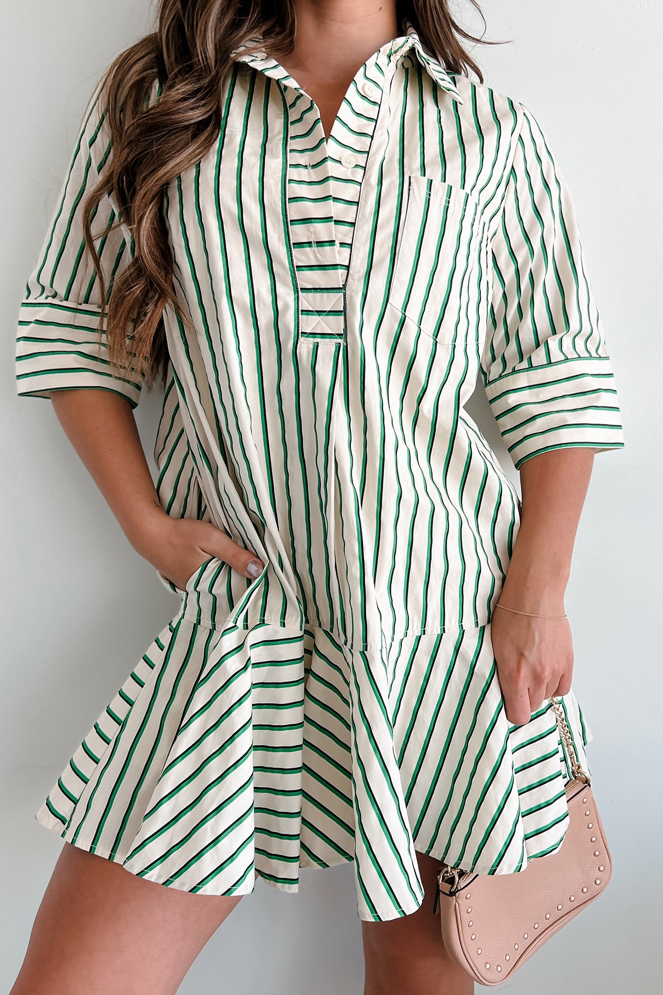 Posh In Paris Striped Ruffle Shirt Dress (Green) - NanaMacs