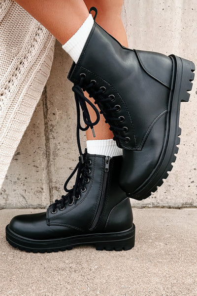 Taking Command Faux Leather Combat Boots (Black PU) - NanaMacs