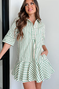 Posh In Paris Striped Ruffle Shirt Dress (Green) - NanaMacs