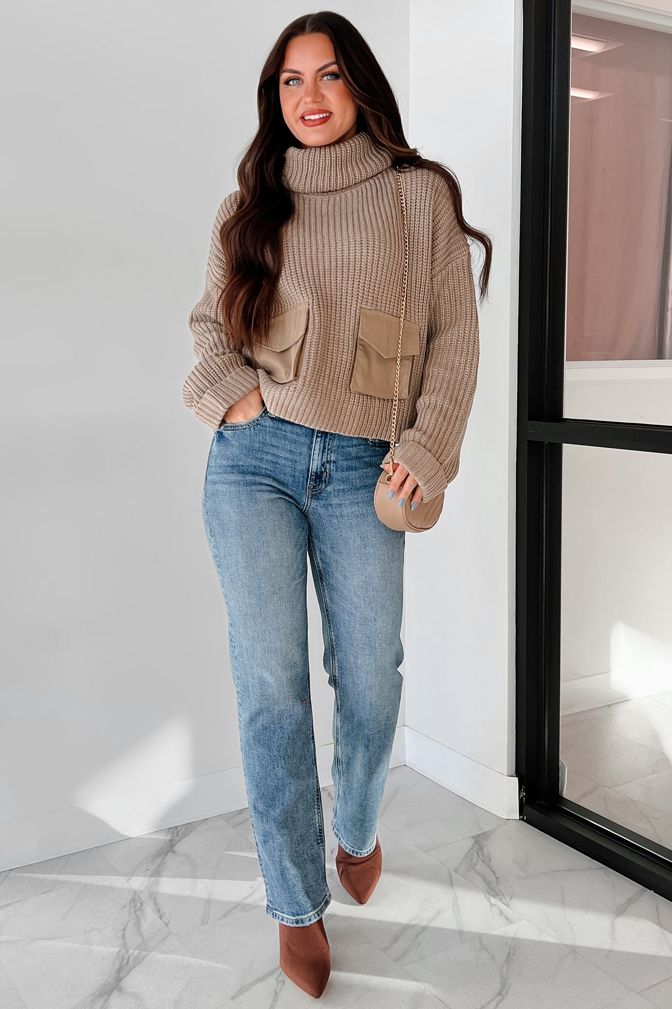 Tell Me Everything Cowl Neck Cargo Sweater (Taupe) - NanaMacs