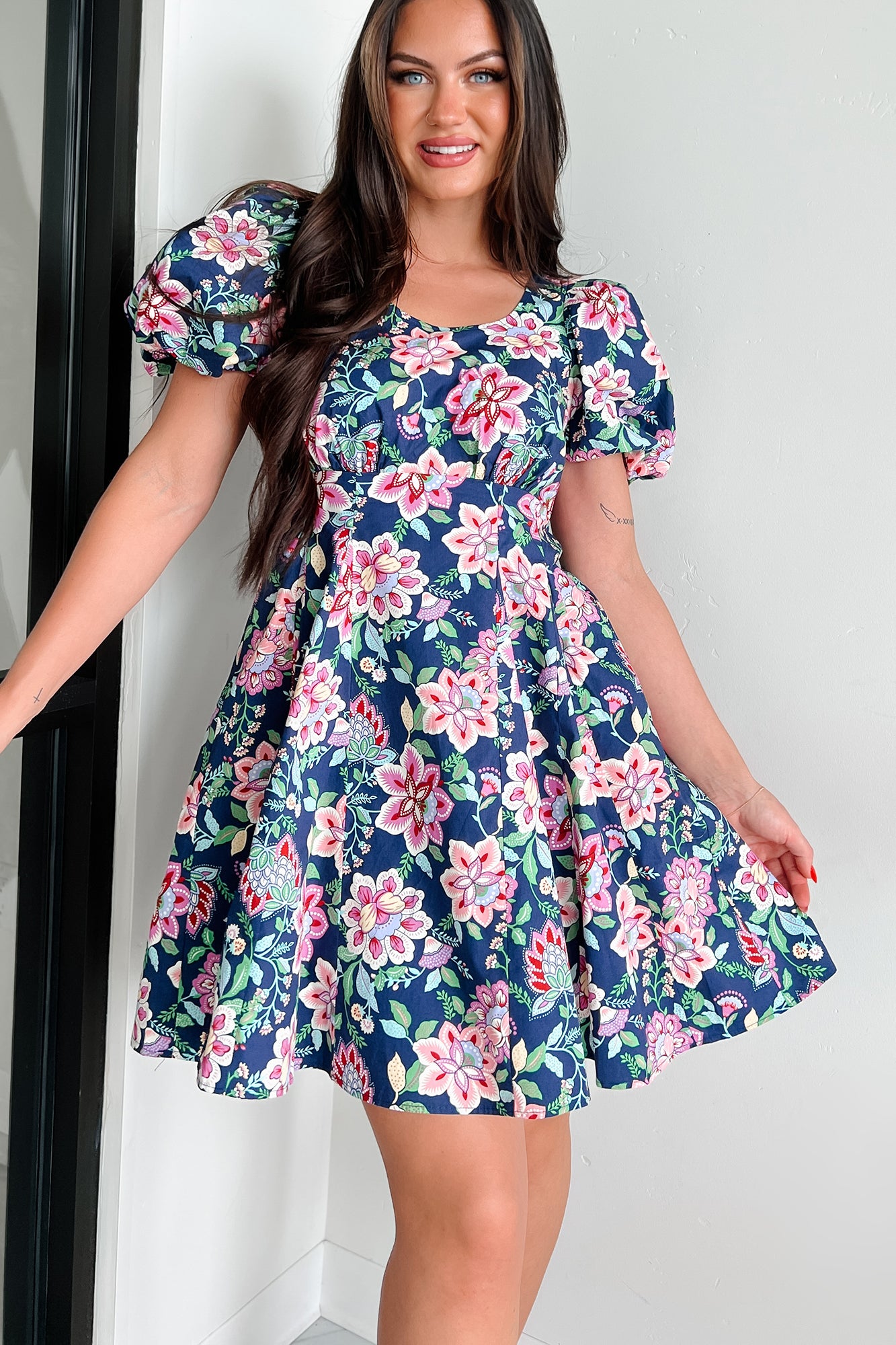 Graceful Blooms Floral Mini Dress (Navy) - NanaMacs