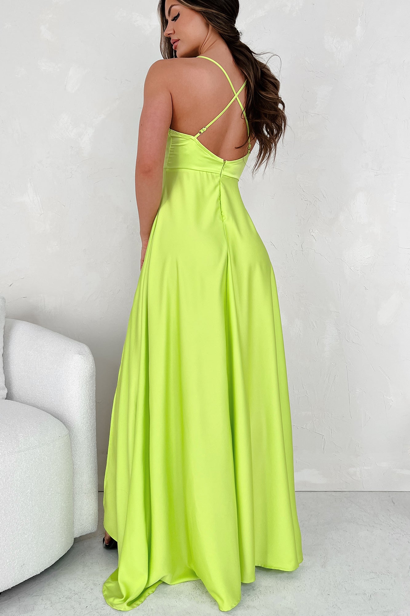 Look At The Bright Side Rhinestone Strap Maxi Dress (Lime) - NanaMacs