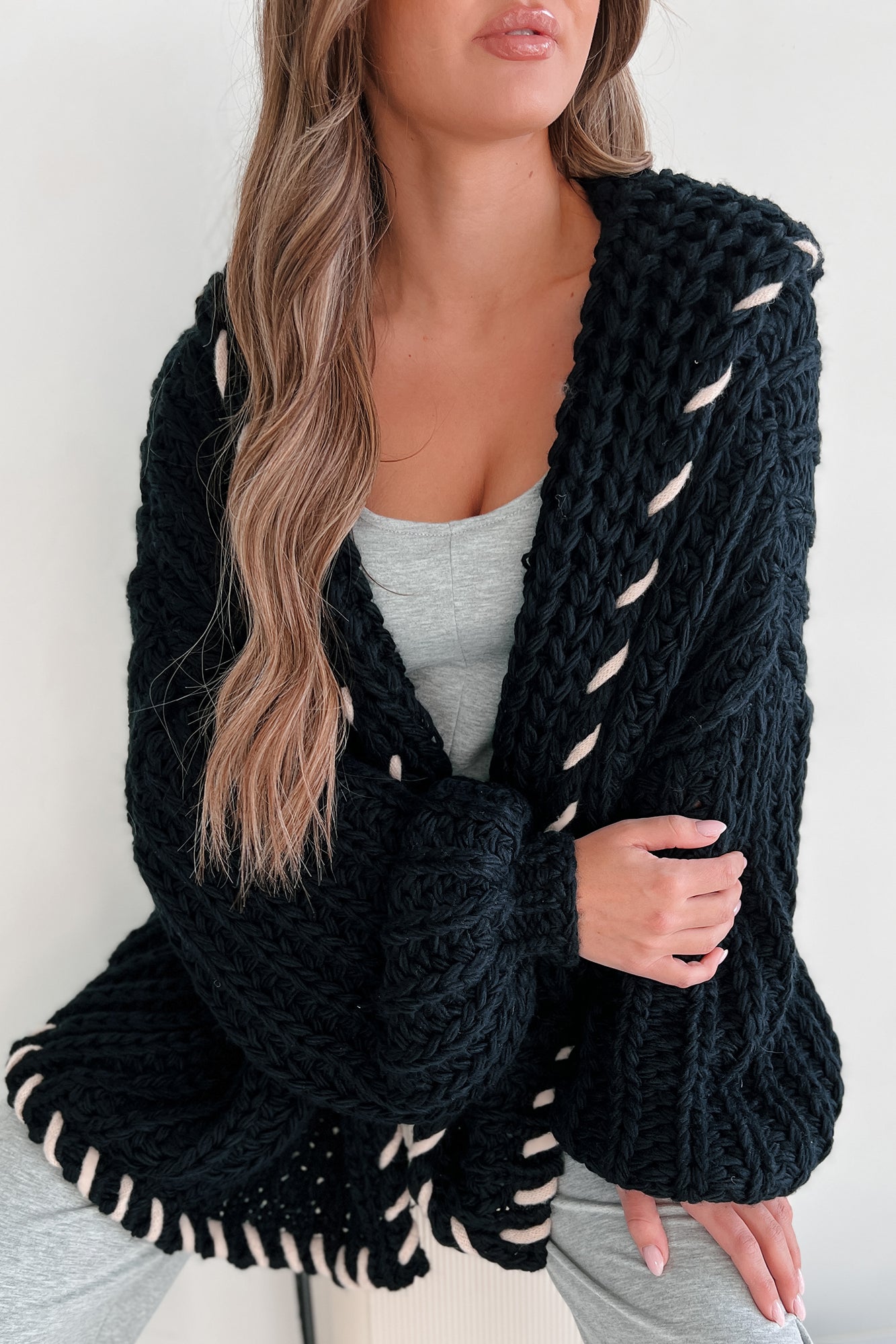 Warm Emotions Stitch Edged Chunky Knit Cardigan (Black)