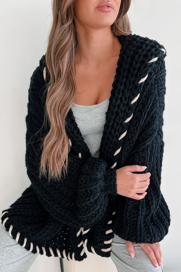 Warm Emotions Stitch Edged Chunky Knit Cardigan (Black) - NanaMacs