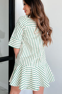 Posh In Paris Striped Ruffle Shirt Dress (Green) - NanaMacs