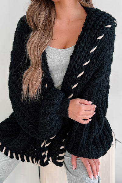 Warm Emotions Stitch Edged Chunky Knit Cardigan (Black) - NanaMacs