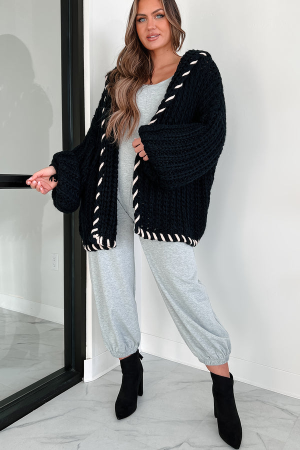 Warm Emotions Stitch Edged Chunky Knit Cardigan (Black) - NanaMacs