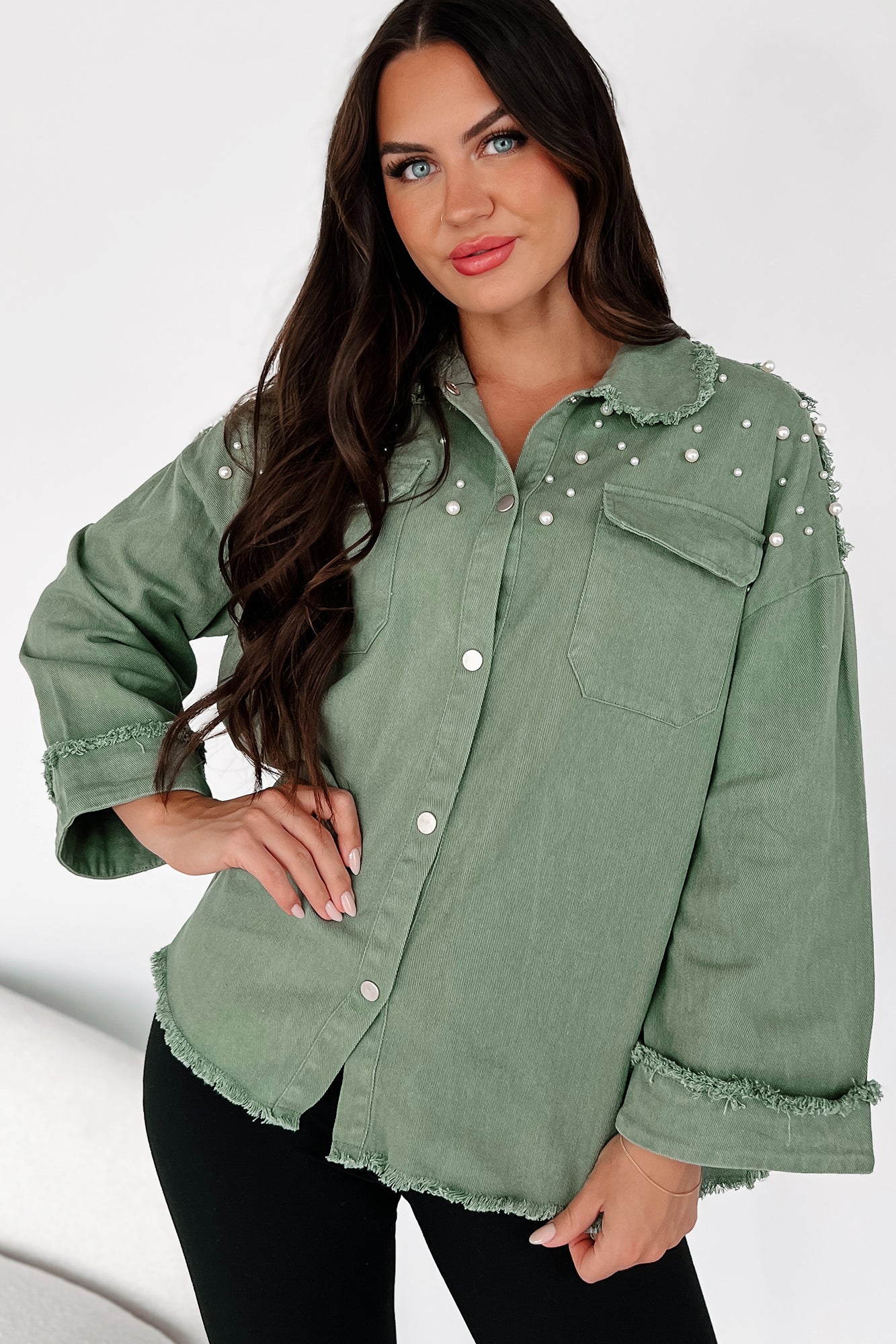 Rhythm & Blues Pearl Beaded Denim Shacket (Olive)