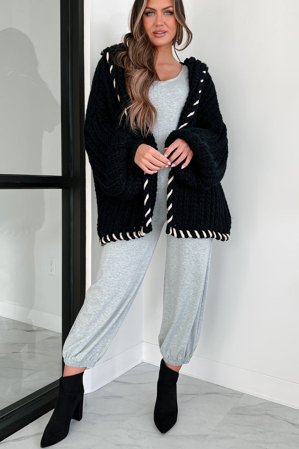 Warm Emotions Stitch Edged Chunky Knit Cardigan (Black) - NanaMacs