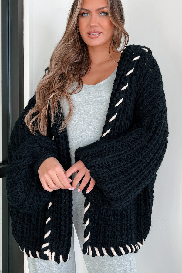 Warm Emotions Stitch Edged Chunky Knit Cardigan (Black) - NanaMacs