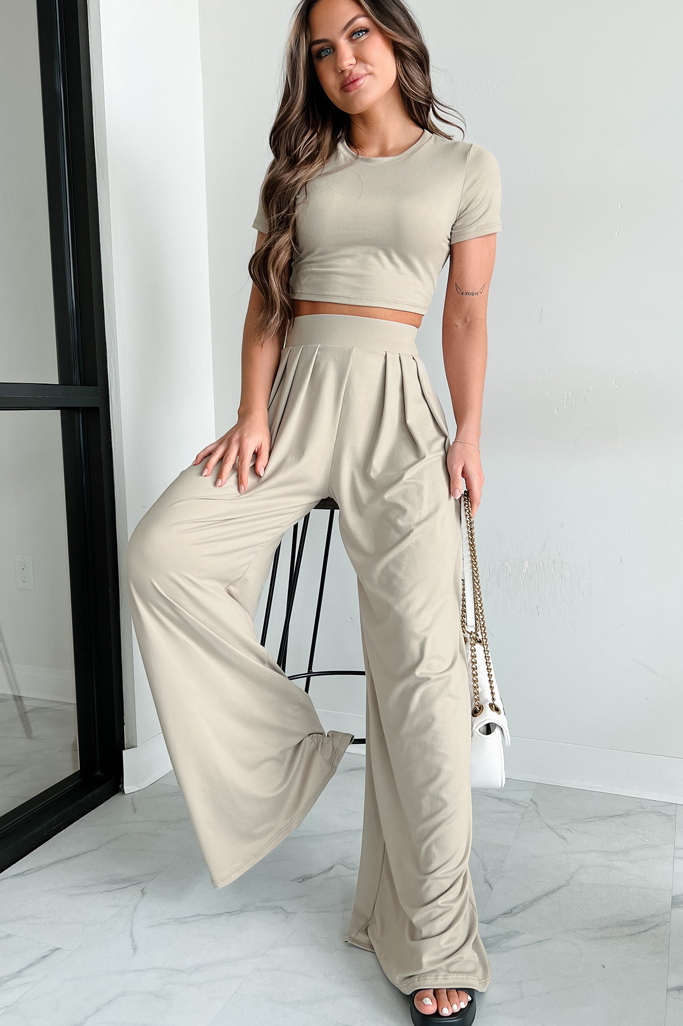 Soul Mates Solid Crop Tee & Palazzo Pant Set (Oatmeal) - NanaMacs