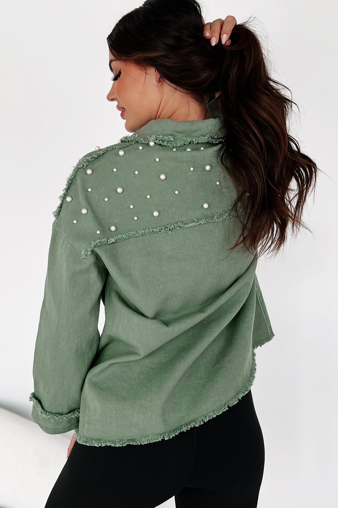 Rhythm & Blues Pearl Beaded Denim Shacket (Olive)