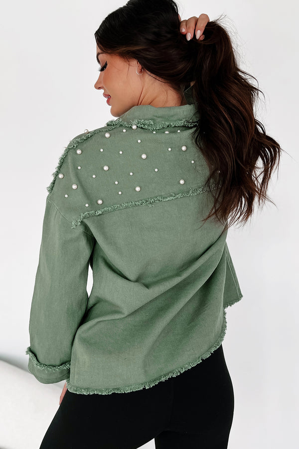 Rhythm & Blues Pearl Beaded Denim Shacket (Olive) - NanaMacs