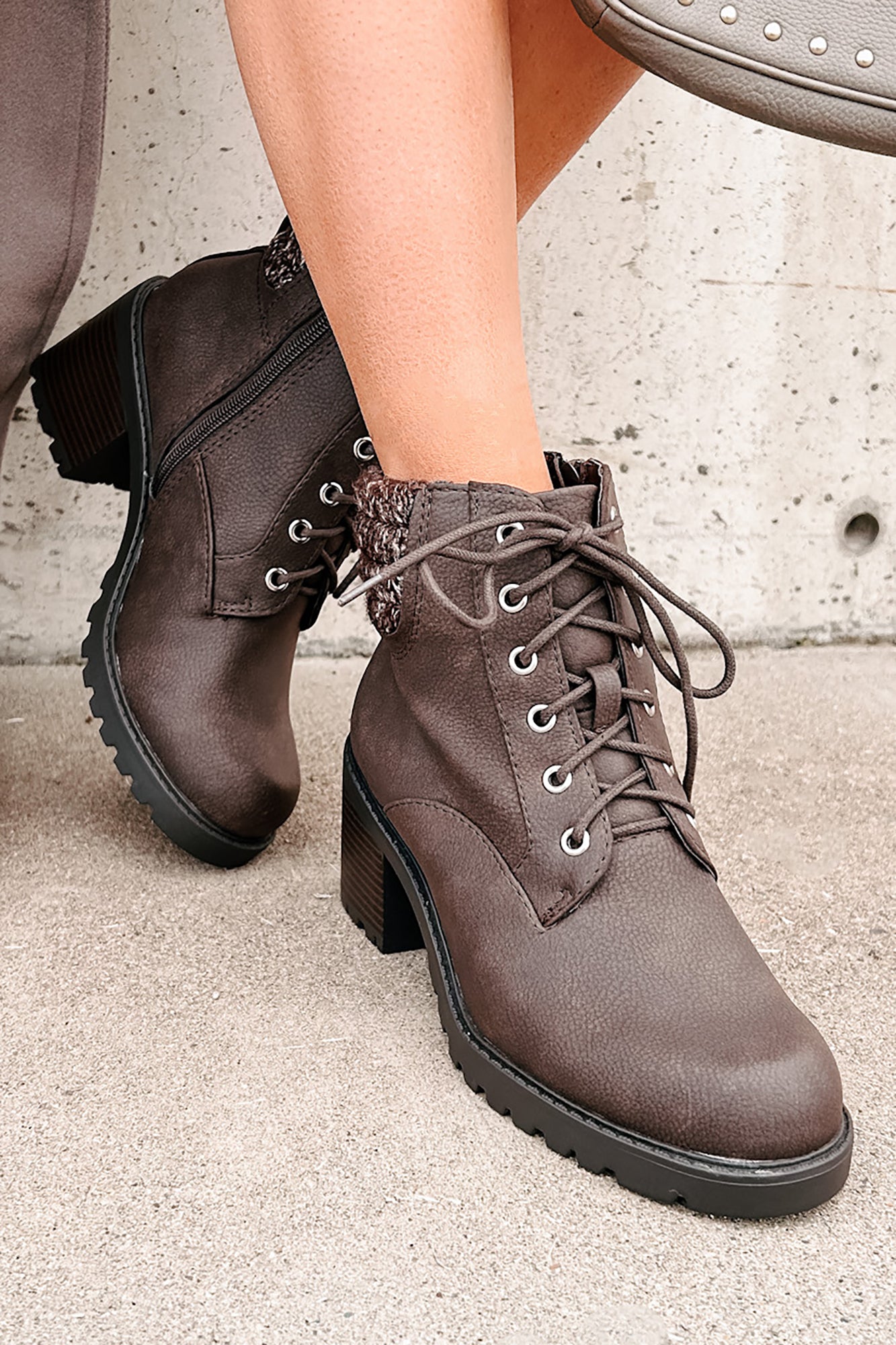 Explore & Discover Ankle Knit Lace-Up Booties (Brown PU) - NanaMacs