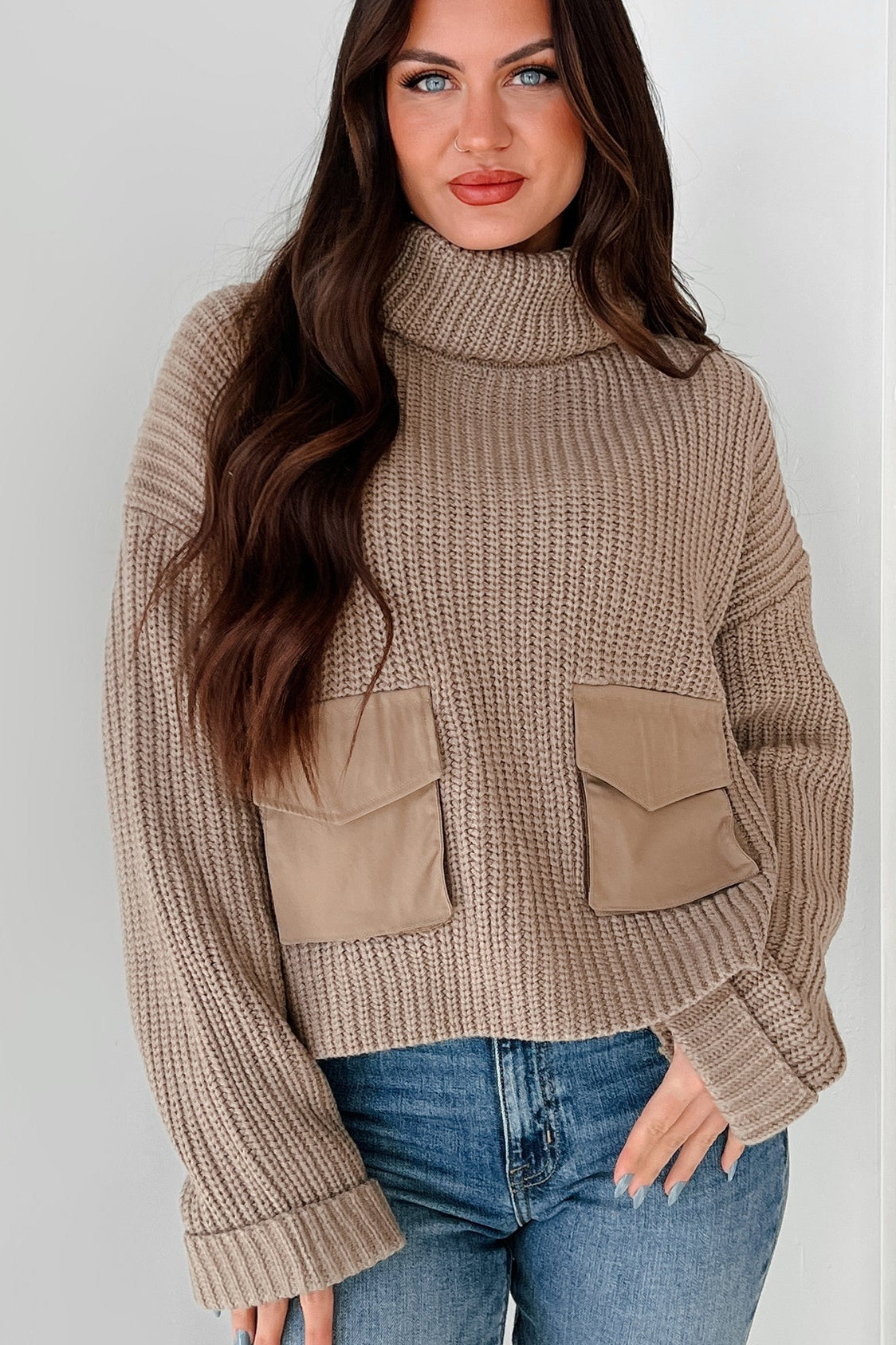 Tell Me Everything Cowl Neck Cargo Sweater (Taupe) - NanaMacs