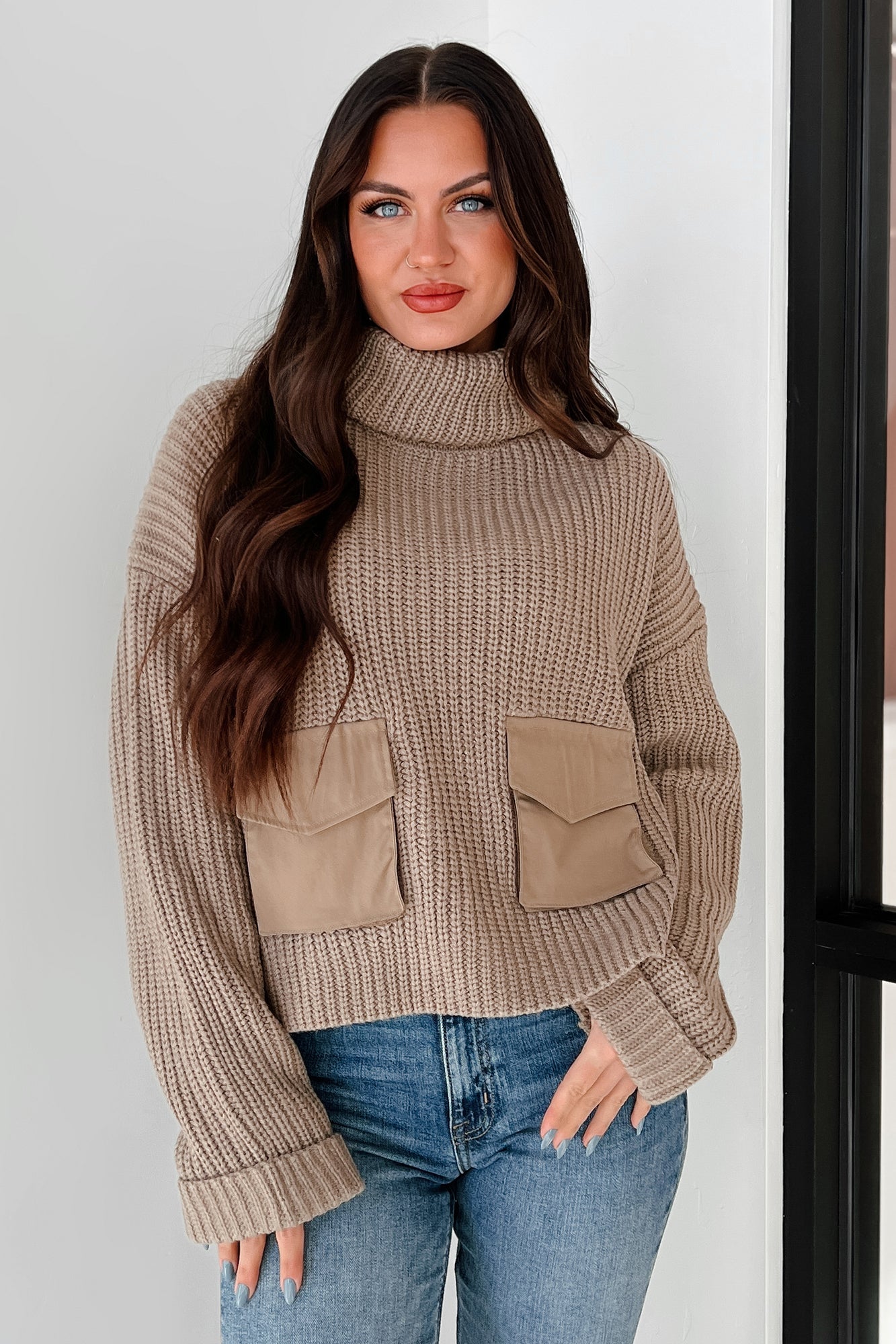 Tell Me Everything Cowl Neck Cargo Sweater (Taupe) - NanaMacs