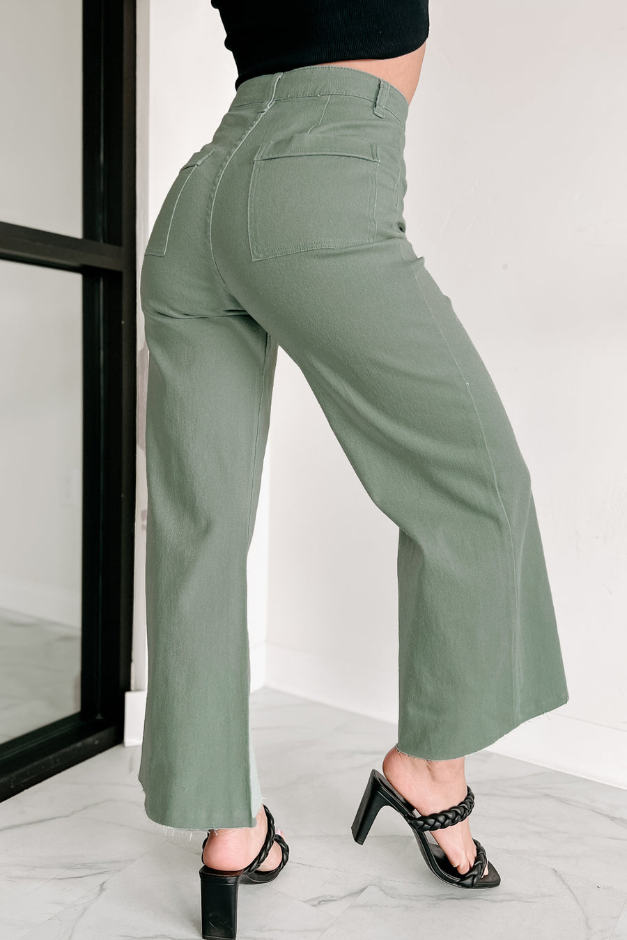 According To Plan High Rise Wide Leg Crop Jeans (Dark Sage) - NanaMacs