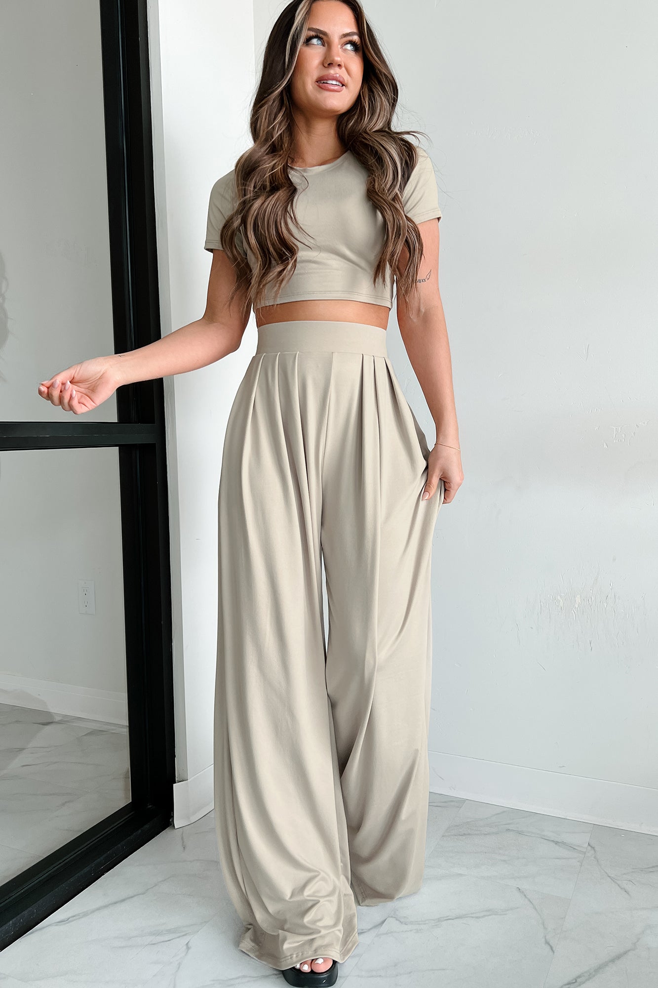 Soul Mates Solid Crop Tee & Palazzo Pant Set (Oatmeal) - NanaMacs