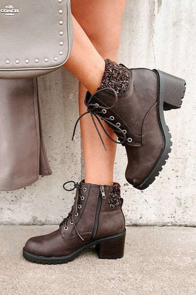 Explore & Discover Ankle Knit Lace-Up Booties (Brown PU) - NanaMacs