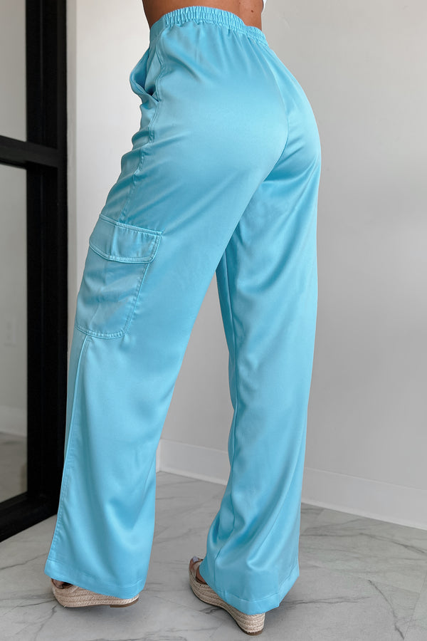 Clearing The Air Wide Leg Satin Cargo Pants (Light Aqua) - NanaMacs