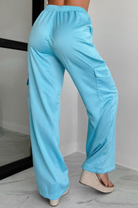 Clearing The Air Wide Leg Satin Cargo Pants (Light Aqua) - NanaMacs