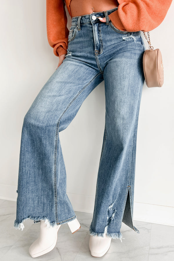 Nothing Left Unsaid High Rise Split Hem Wide Leg Risen Jeans (Medium) - NanaMacs