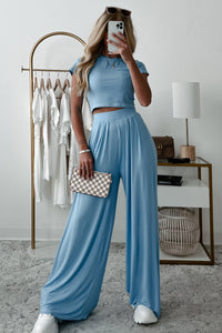 Fashionable Finesse Crop Top & Palazzo Pant Set (Baby Blue) - NanaMacs