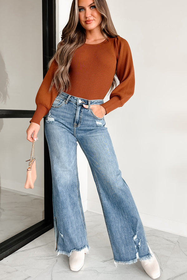 Nothing Left Unsaid High Rise Split Hem Wide Leg Risen Jeans (Medium) - NanaMacs