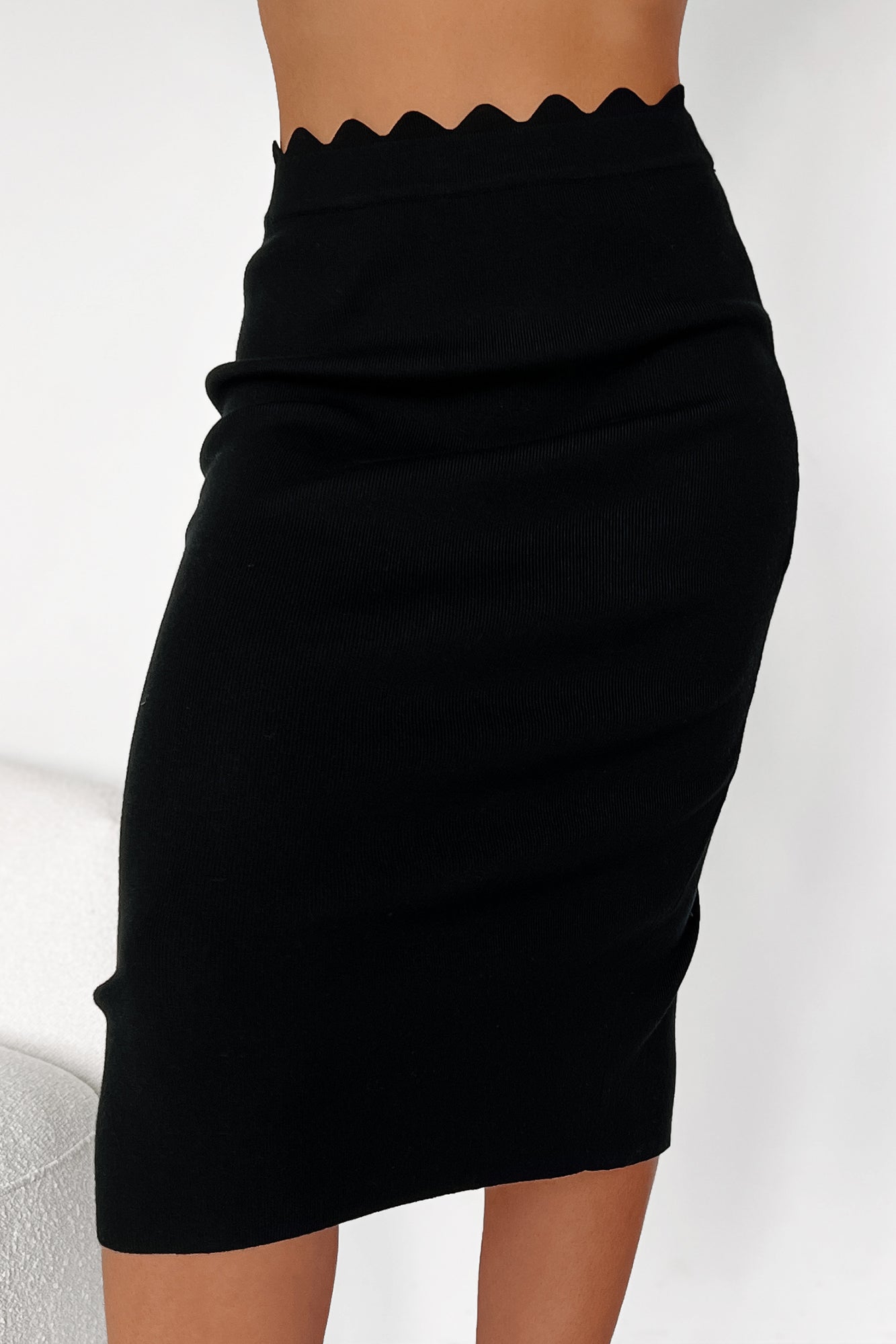 Planning For Success Scallop Waist Midi Skirt (Black) - NanaMacs