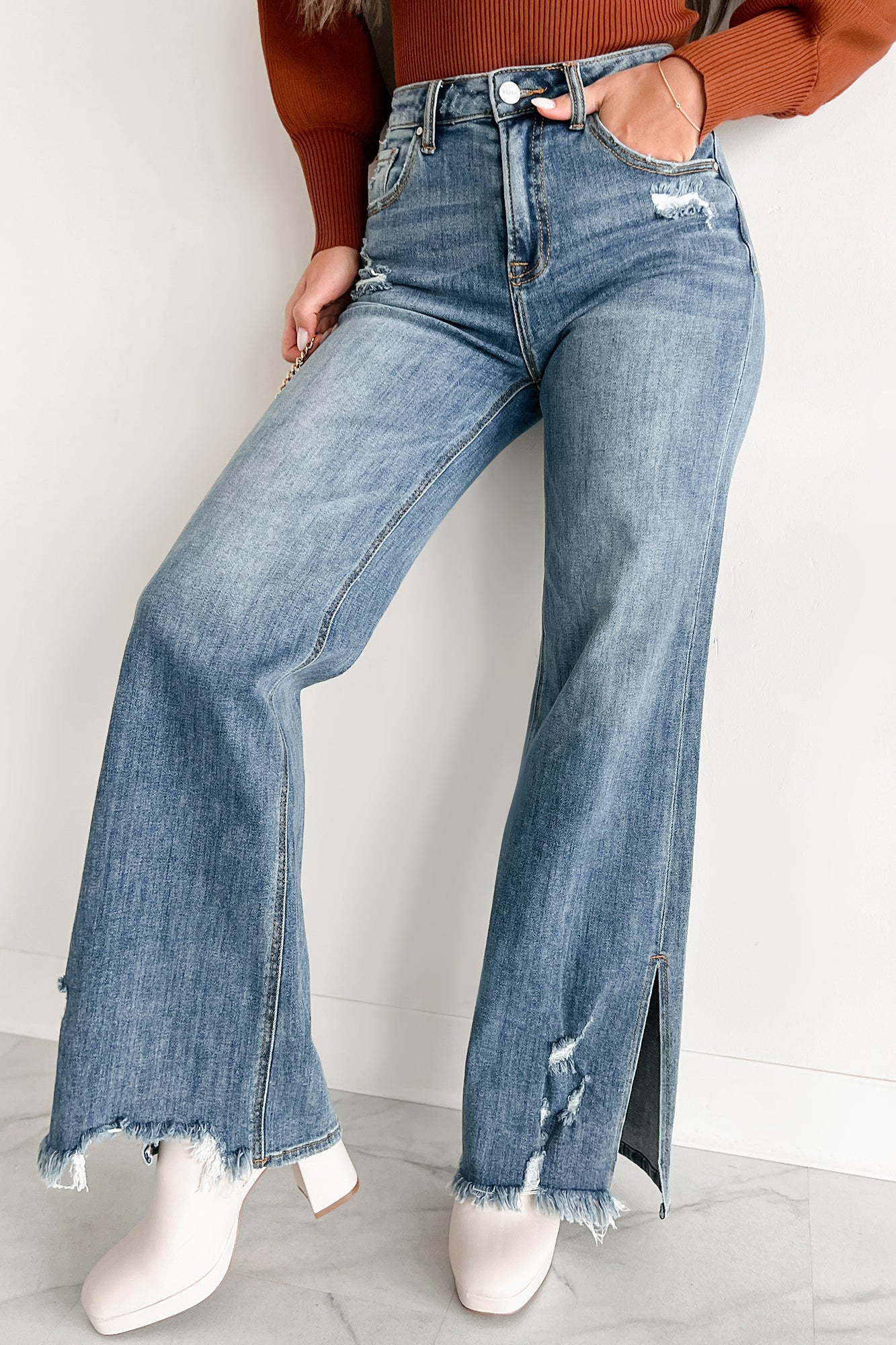 Nothing Left Unsaid High Rise Split Hem Wide Leg Risen Jeans (Medium) - NanaMacs