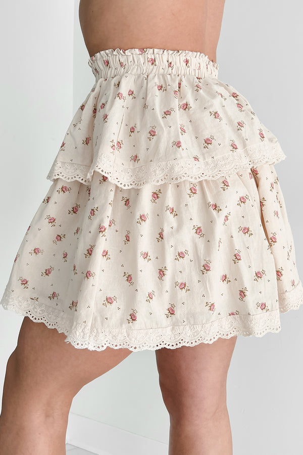 Stitched With A Story Floral Ruffle Mini Skirt (Cream/Multi) - NanaMacs