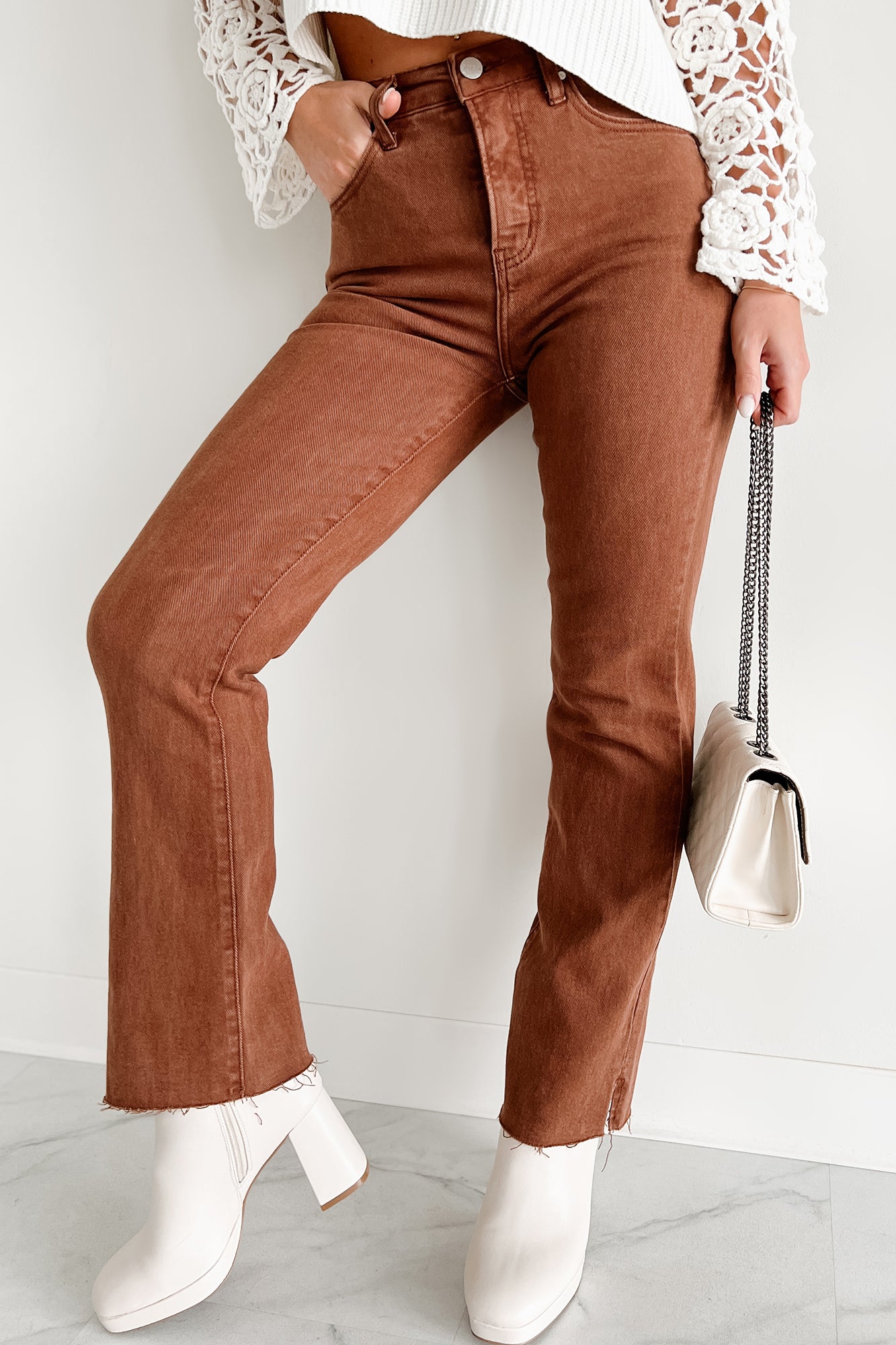 Nadine High Rise Raw Hem Straight Leg Risen Jeans (Espresso) - NanaMacs