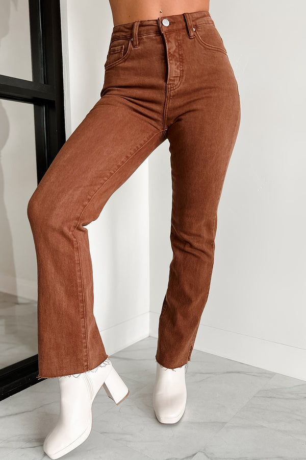 Nadine High Rise Raw Hem Straight Leg Risen Jeans (Espresso) - NanaMacs