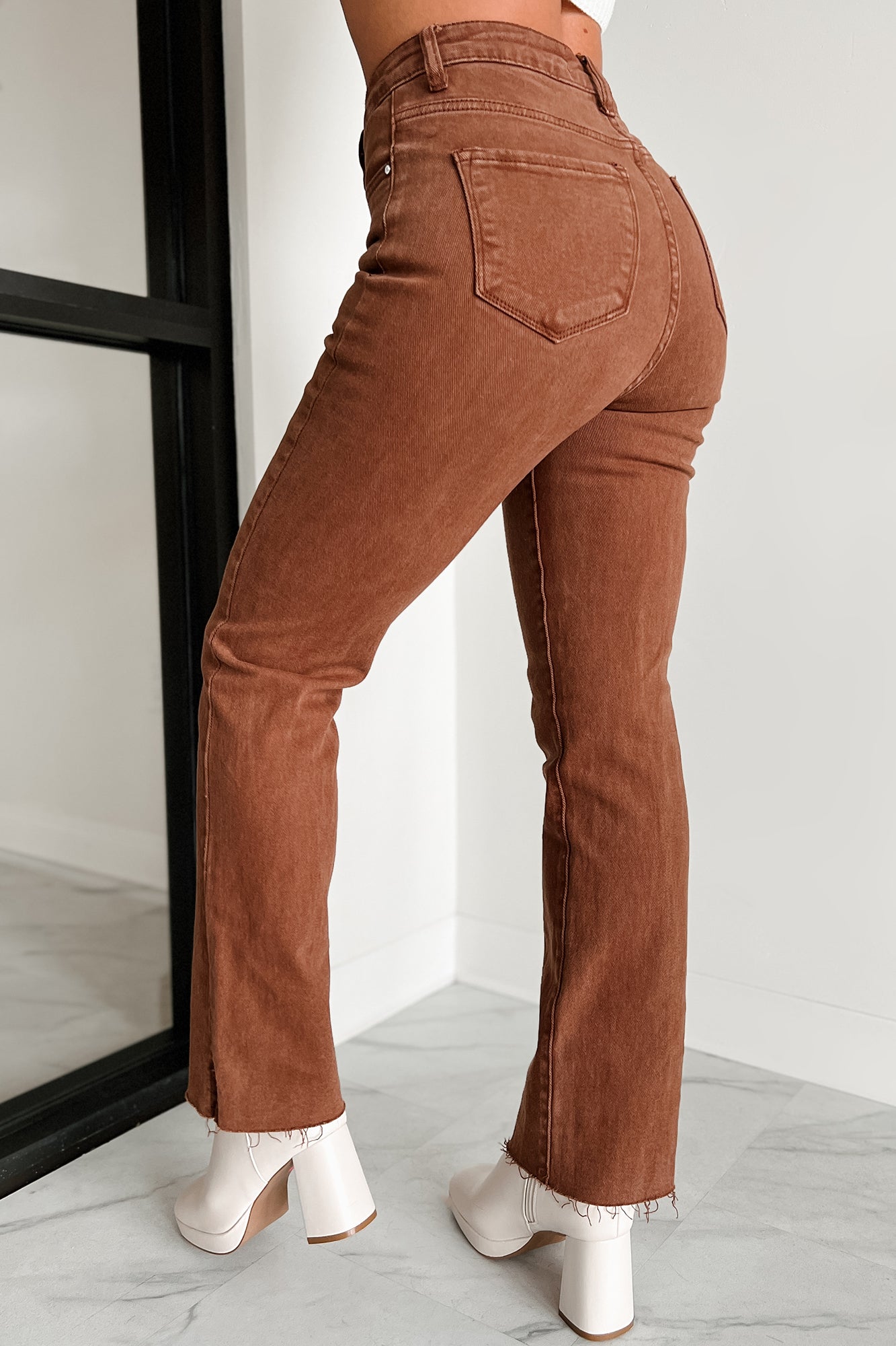 Nadine High Rise Raw Hem Straight Leg Risen Jeans (Espresso) - NanaMacs