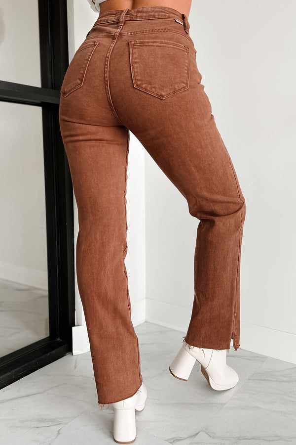 Nadine High Rise Raw Hem Straight Leg Risen Jeans (Espresso) - NanaMacs