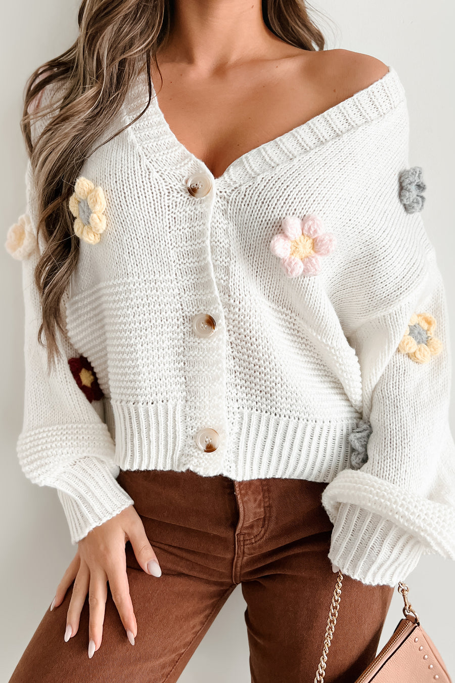 I'll Grow On You Sweater Cardigan With Crochet Flowers (Ivory) - NanaMacs