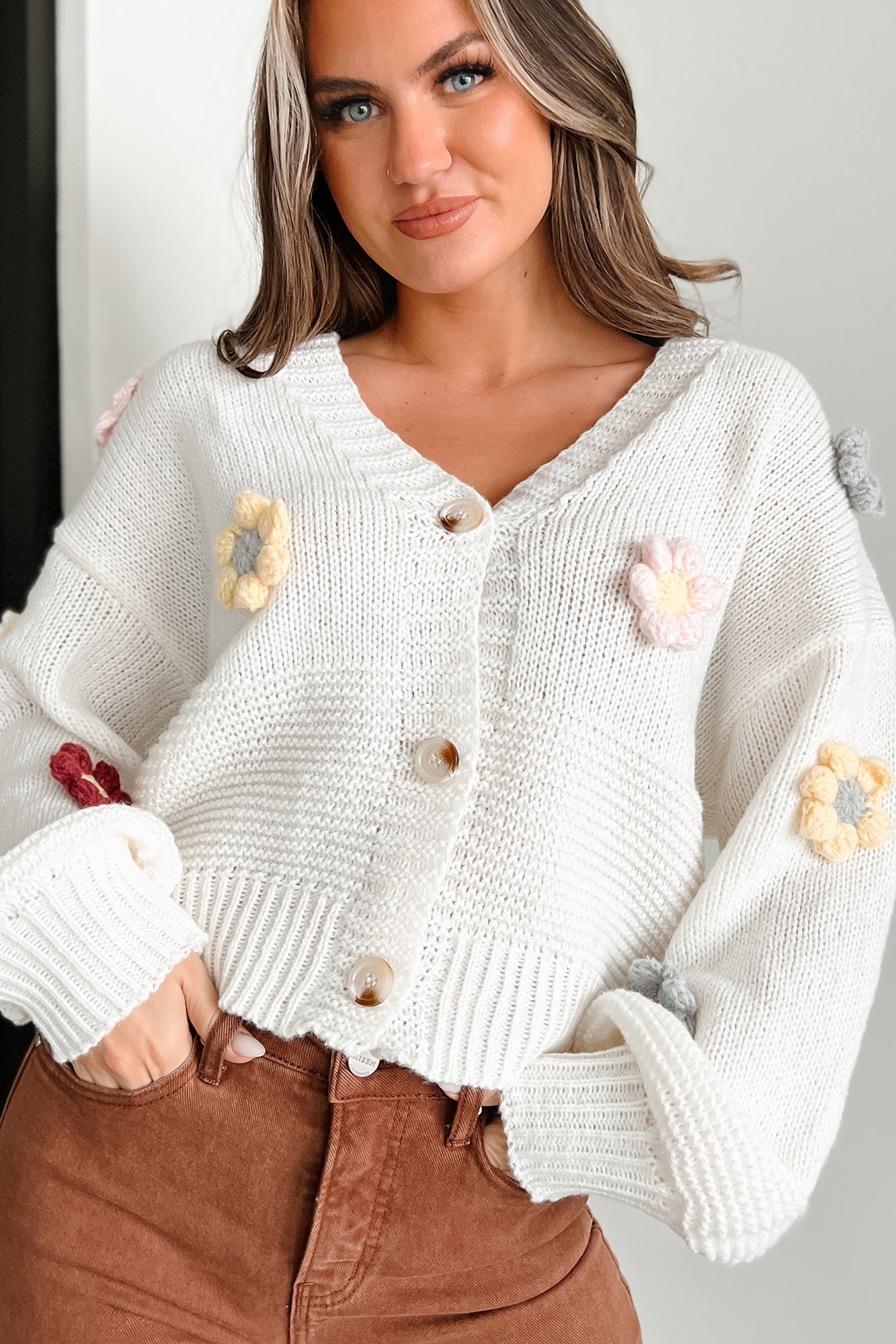 I'll Grow On You Sweater Cardigan With Crochet Flowers (Ivory) - NanaMacs