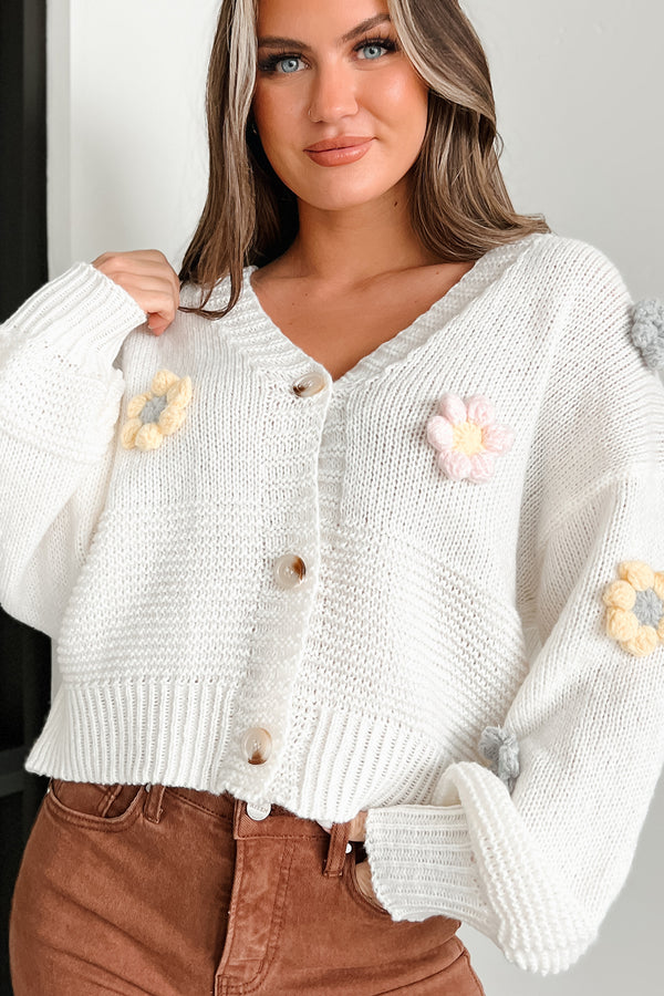 I'll Grow On You Sweater Cardigan With Crochet Flowers (Ivory) - NanaMacs