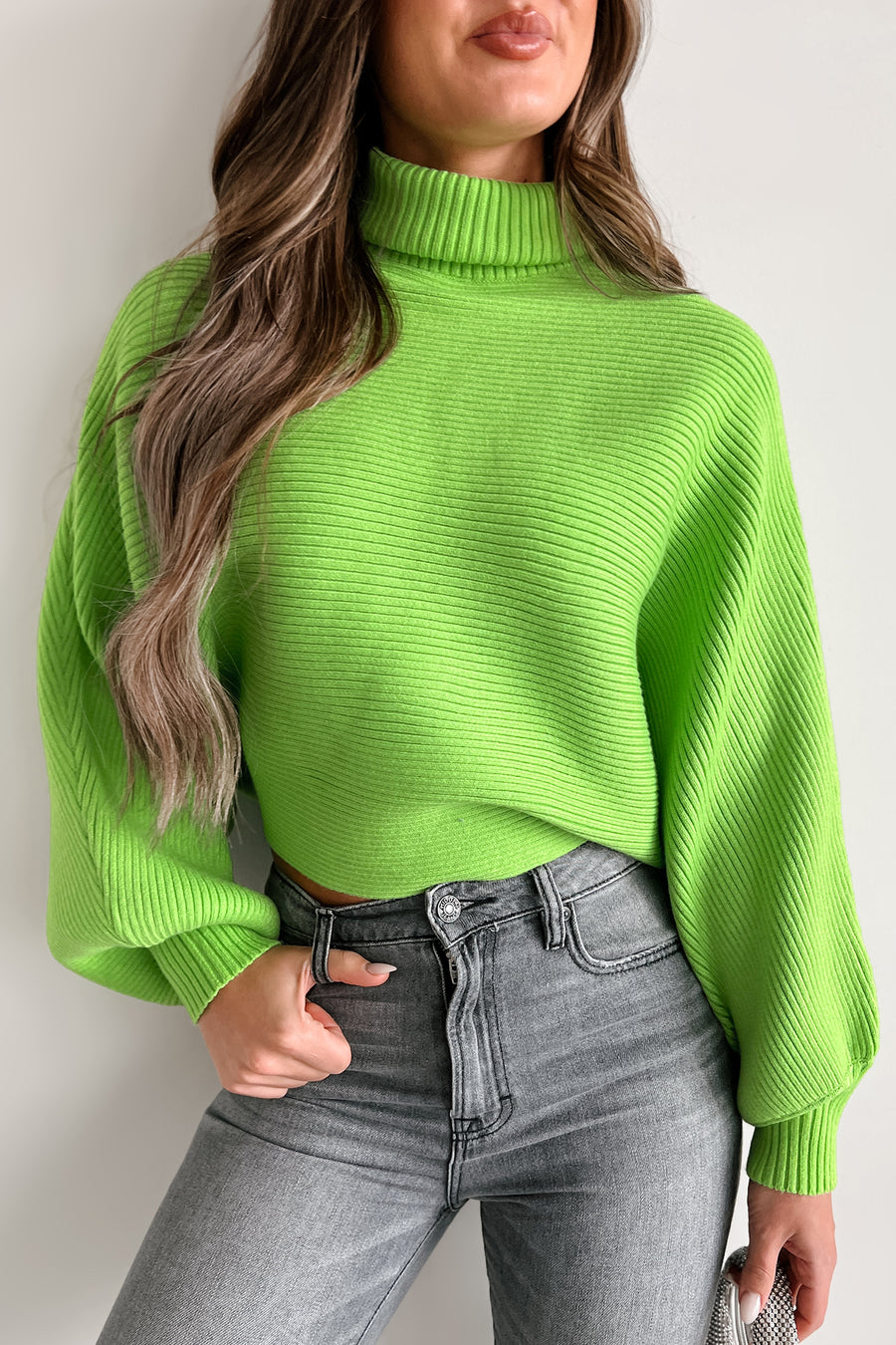 Confident Edge Turtleneck Batwing Sleeve Sweater (Lime) - NanaMacs