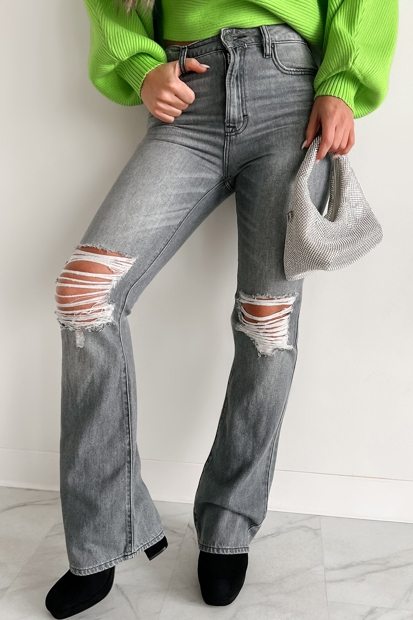 Belmont High Rise Distressed Flare Jeans (Grey) - NanaMacs