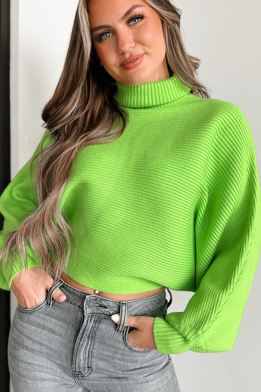 Confident Edge Turtleneck Batwing Sleeve Sweater (Lime) - NanaMacs