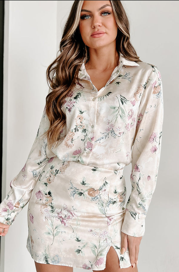 Belong To Me Floral Button Front Top (Beige) - NanaMacs